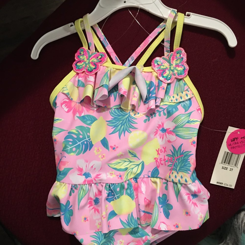 Betsey Johnson 2T Butterfly Pink Bathing Suit NEW Adorable HalBox